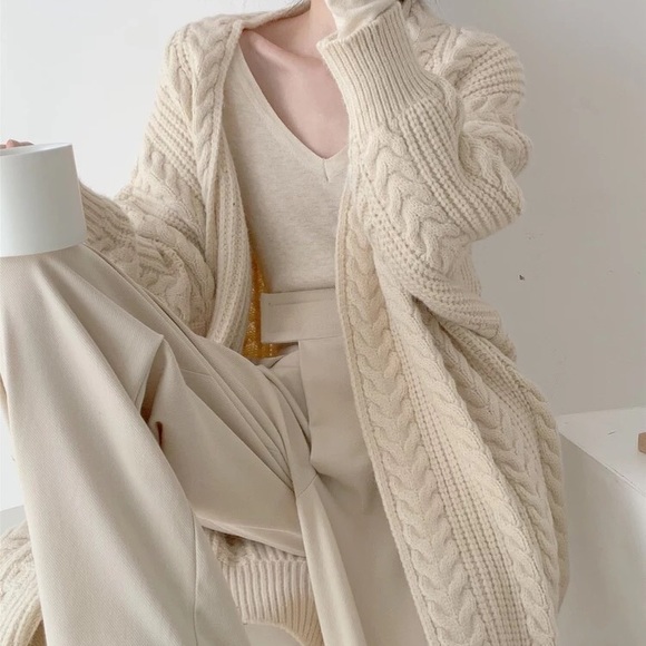 Twist cardigan sweater cable knit cream beige womens knit long sleeve - Picture 2 of 11